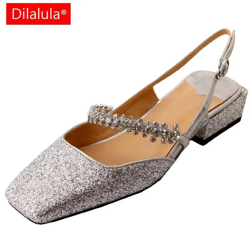 

Dilalula женские сандалии на низком каблуке с квадратным носком из натуральной кожи, модная женская обувь со стразами на ремешке, повседневная женская обувь для весны и лета