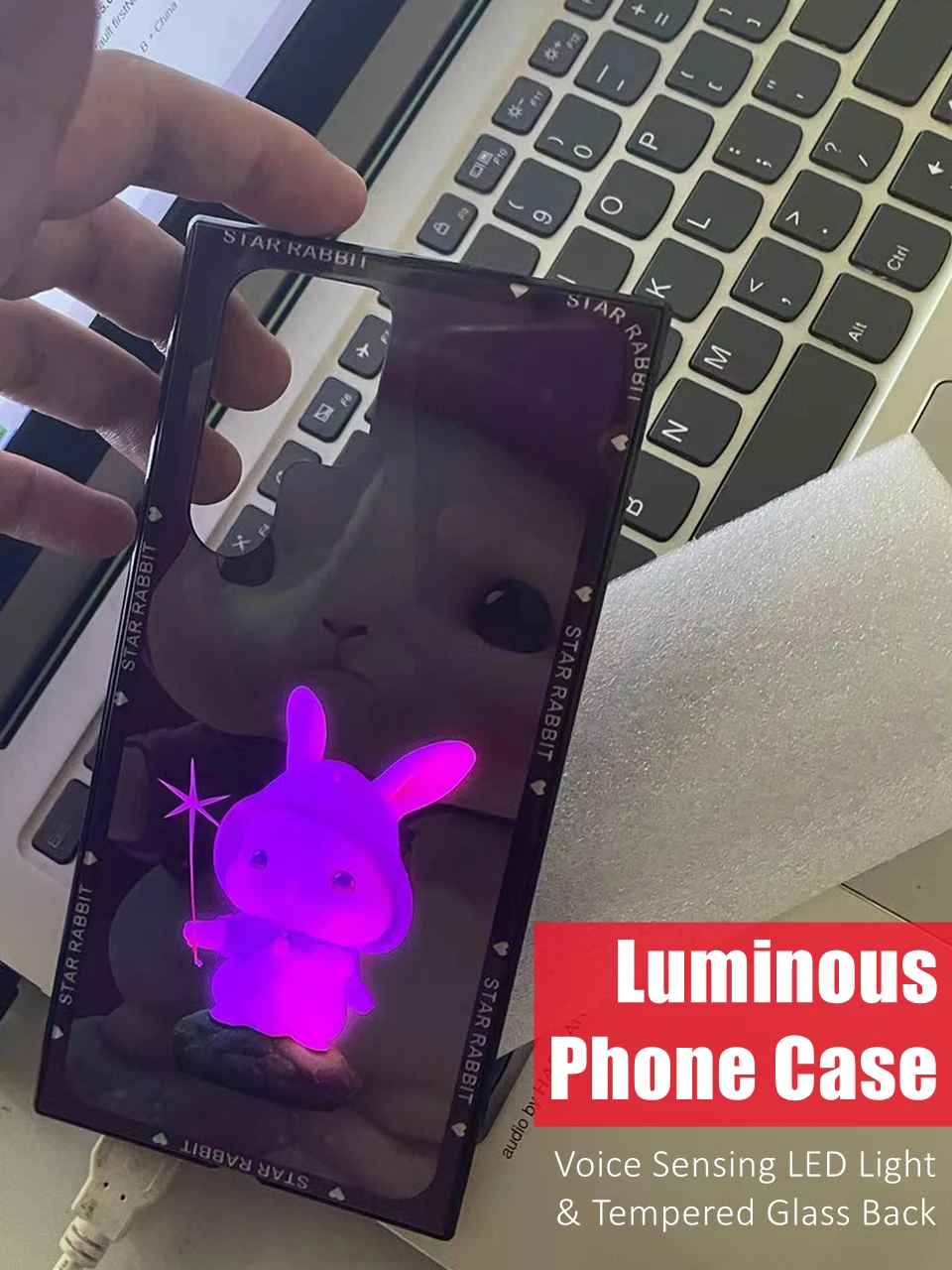 

Cute Bunny Colorful LED Light Glowing Luminous Tempered Phone Case for OPPO Reno 4 5 6 7 8 9 Find X5 Realme X50 Pro Plus SE