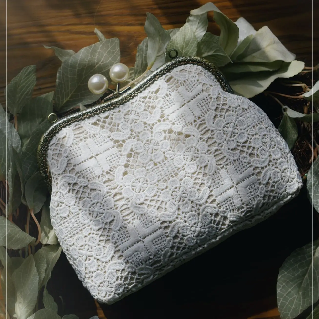 

Lost in Vintage Floral Needle White Lace Purse Panels with a Gold Plated Frame Chains Kiss Lock Bead Pearl Closure Bridal Clutch