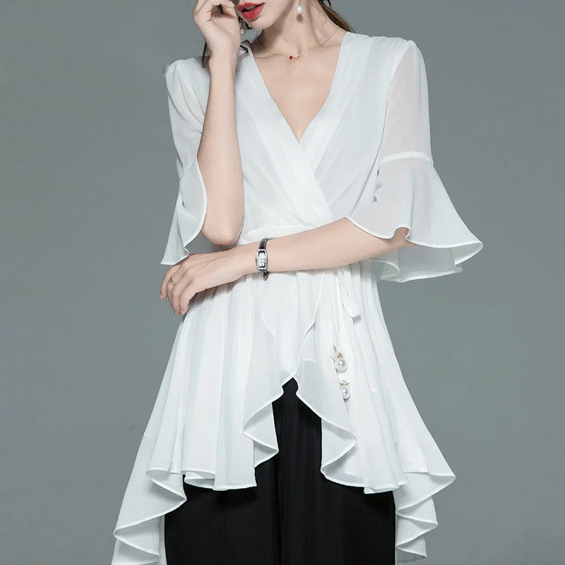Summer Ruffle Edge Chiffon Shirts Solid Color Mid Length V Neck Half Sleeve Tops Tees Elegant Fashion Women Clothing
Summer Ruffle Edge Chiffon Shirts Solid Color Mid Length V Neck Half Sleeve Tops Tees Elegant Fashion Women Clothing