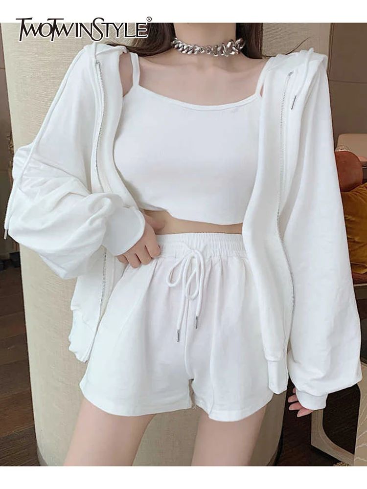 TWOTWINSTYLE White Three Piece Set Womens Sleeveless Tank Top Hooded Collar Long Sleeve Coat High Waist Shorts Solid Sets Female
TWOTWINSTYLE White Three Piece Set Womens Sleeveless Tank Top Hooded Collar Long Sleeve Coat High Waist Shorts Solid Sets Female