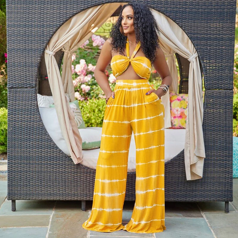 Женский летний костюм-двойка Wishyear, Модный укороченный Топ без бретелек и широкие брюки 
Женский летний костюм-двойка Wishyear, Модный укороченный Топ без бретелек и широкие брюки