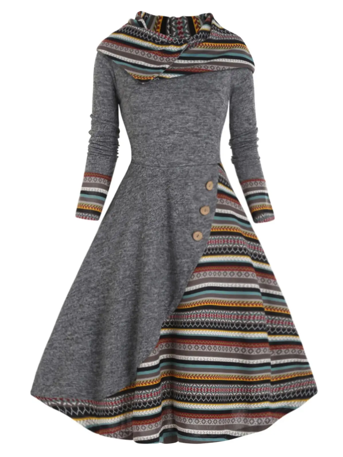 

Tribal Printed Hooded Dress Autumn Colorful Stripe Panel Knit Dress Mock Button Winter Long Sleeve Dress with Hoodies