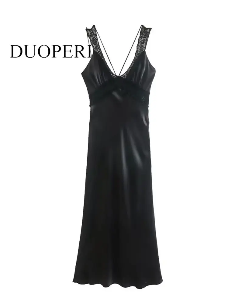 DUOPERI Women Fashion Black Satin With Lace Up Midi Dress Vintage Thin Straps V-Neck Side Zipper Female Chic Lady Dresses
DUOPERI Women Fashion Black Satin With Lace Up Midi Dress Vintage Thin Straps V-Neck Side Zipper Female Chic Lady Dresses