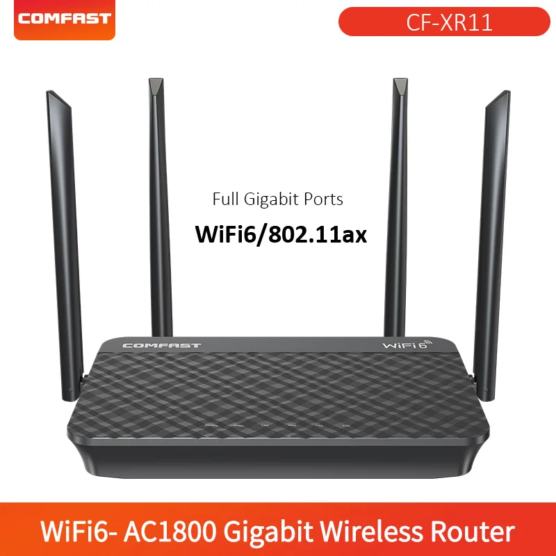 COMFAST Wifi 6 Router 1800Mbps Gigabit 2.4/5Ghz Dual Frequency MIMO-OFDMA High Gain Mesh WIFI-Router Dual-core CPU XR11
COMFAST Wifi 6 Router 1800Mbps Gigabit 2.4/5Ghz Dual Frequency MIMO-OFDMA High Gain Mesh WIFI-Router Dual-core CPU XR11