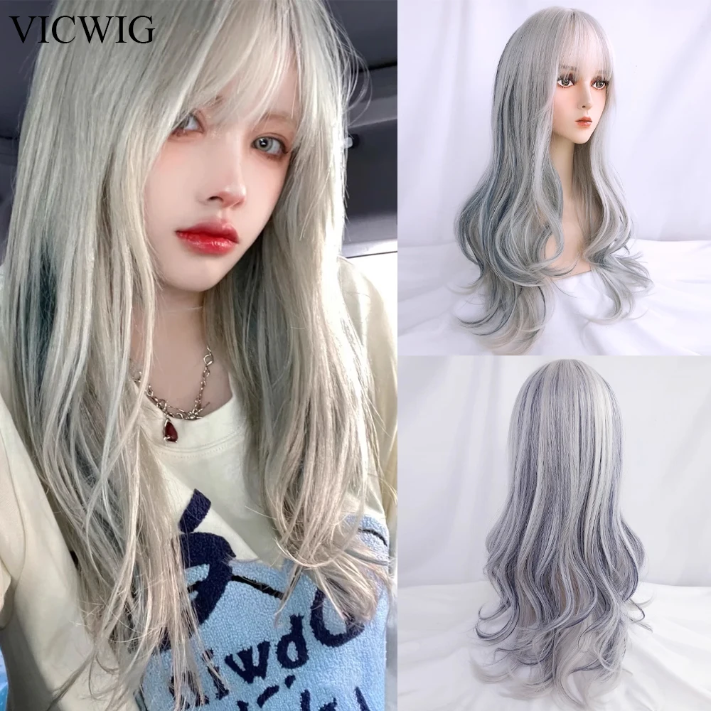 

VICWIG Synthetic Long Wavy Wig with Bangs Gray Blue Ombre Mixed Lolita Women Cosplay Hair Wig for Daily Party