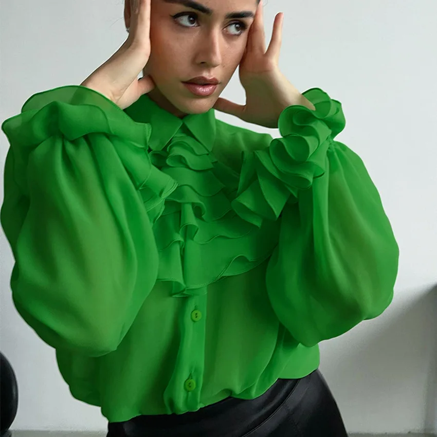 Minority Clothes Women Fashion Green Shirt With Ruffles Long Sleeve Top Summer High Street Style See Through Shirts Chic Elegant
Minority Clothes Women Fashion Green Shirt With Ruffles Long Sleeve Top Summer High Street Style See Through Shirts Chic Elegant