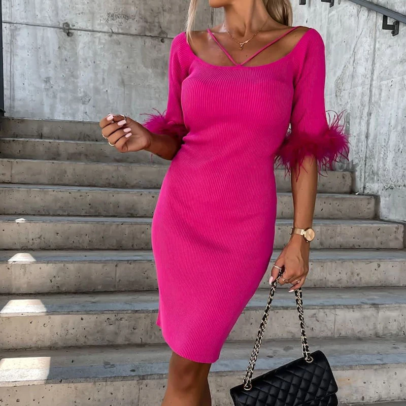 Autumn Solid Half Sleeve Knitted Dress Elegant Slash Neck Feather Patchwork Slim Party Dress Spring Chest Wrap Mini Pencil Dress
Autumn Solid Half Sleeve Knitted Dress Elegant Slash Neck Feather Patchwork Slim Party Dress Spring Chest Wrap Mini Pencil Dress
