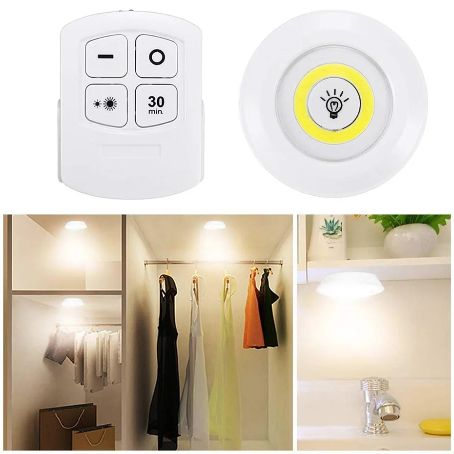

Dimmable Timer Remote Control Led Under Cabinet Light Mini COB Led Night Lamp Lights For Bedroom Closet Kitchen Use AAA Battery
