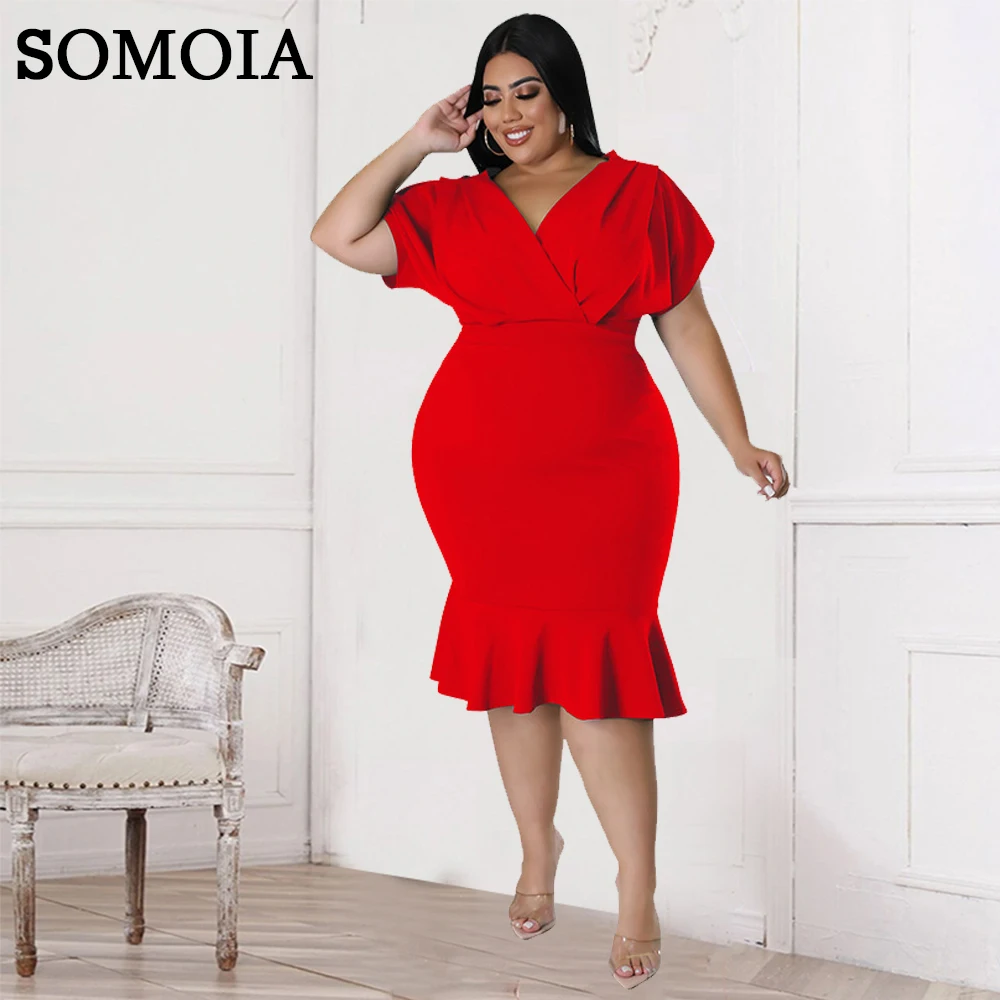 

SOMOIA Woman Clothing Plus Size Dresses Fashion V Neck Solid Color Elegant Slim Fit Babes Party Dress Wholesale Dropshipping