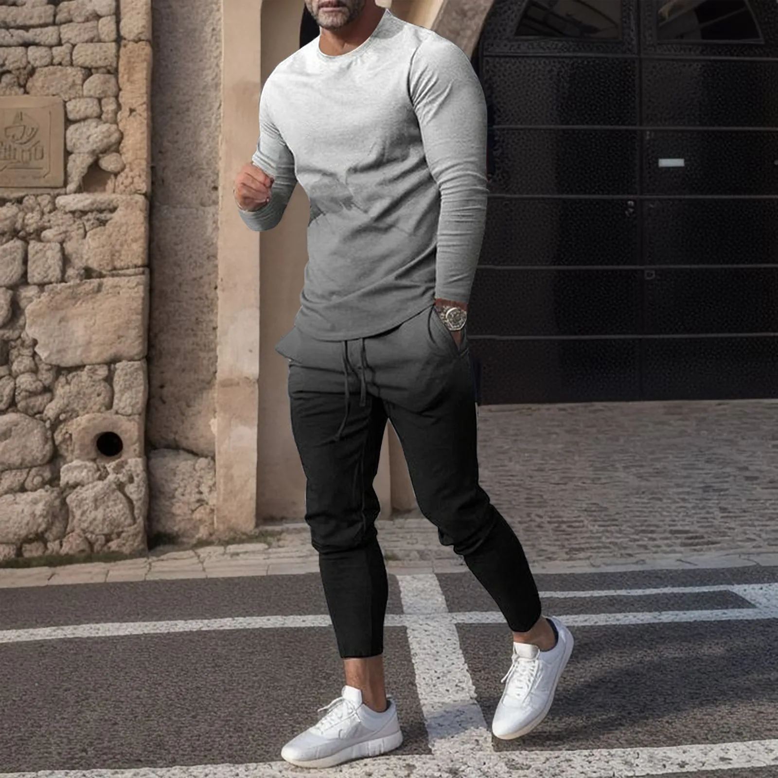 Men'S Matching Set O-Neck Color-Matching Striped Tee Shirt Exercise Drawstring Slim Trousers Autumn Streetwear Two Piece Set
Men'S Matching Set O-Neck Color-Matching Striped Tee Shirt Exercise Drawstring Slim Trousers Autumn Streetwear Two Piece Set