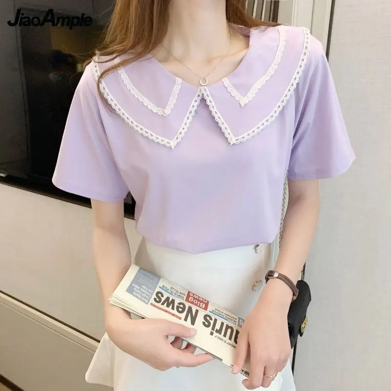 Women's Korean Sweet Lace T Shirt 2022 Summer New Romantic Purple Preppy Style Peter Pan Collar Tops Student Casual Pullover
Women's Korean Sweet Lace T Shirt 2022 Summer New Romantic Purple Preppy Style Peter Pan Collar Tops Student Casual Pullover