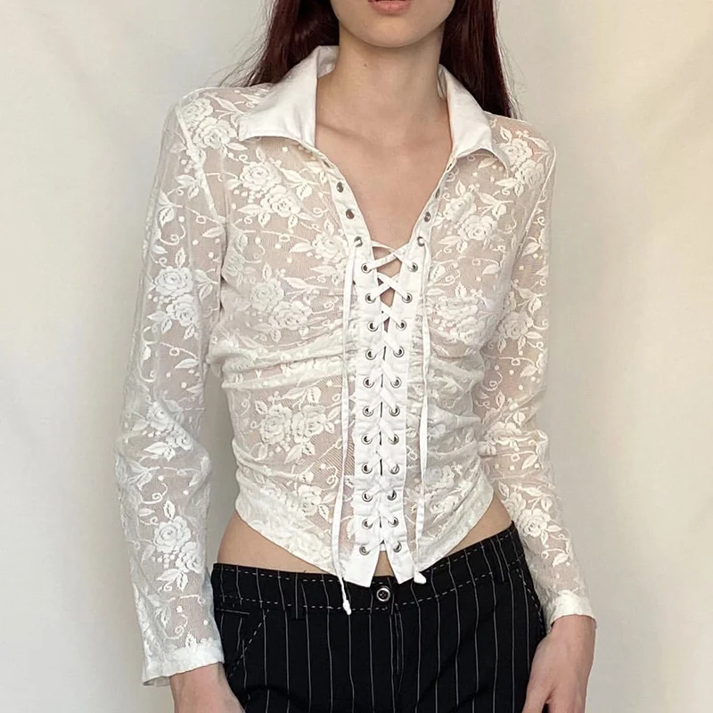 Women's Spring and Autumn White Sexy Lace Hollow Tops Bandage Shirts Elegant Temperament Women's Cardigans Slim Long Sleeve Tops
Women's Spring and Autumn White Sexy Lace Hollow Tops Bandage Shirts Elegant Temperament Women's Cardigans Slim Long Sleeve Tops