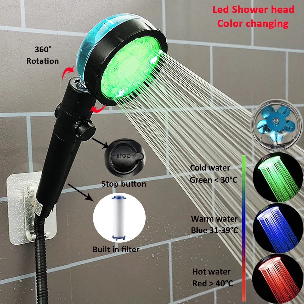 

3/7 Colors Changes Led Shower Head Turbo Fan Propeller Filtered Showerhead High Pressure One Key Stop SPA Bathroom Accessories