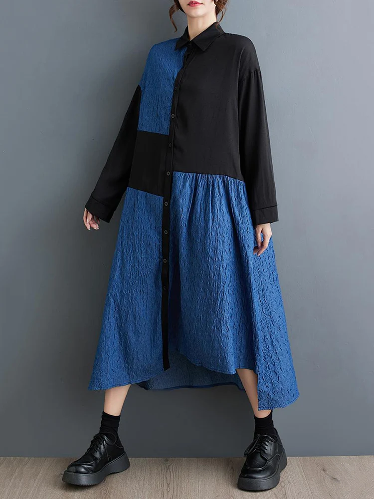 

Женское винтажное платье с длинным рукавом, повседневное свободное платье контрастных цветов в стиле пэчворк, элегантная одежда на весну и осень, 2023