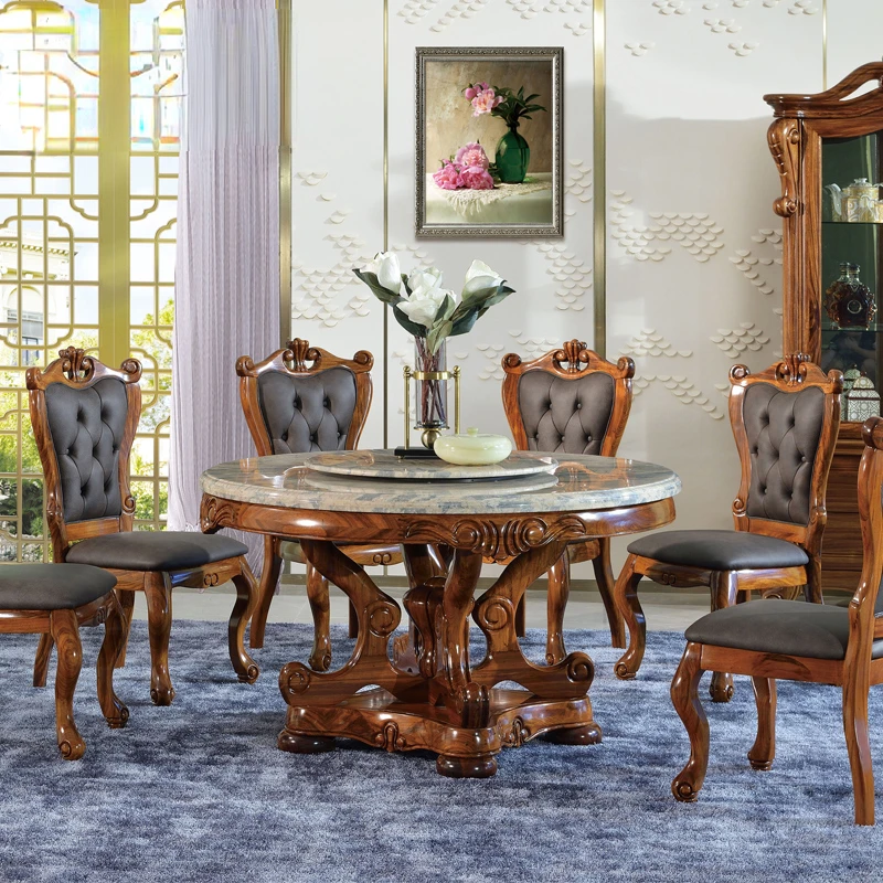 

Ebony table and chair combination marble solid wood restaurant household round table villa European furniture