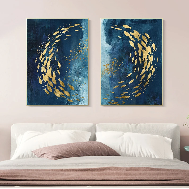Abstract Gold Fish Chinese Canvas Painting Big Blue Poster Print Luxurious Wall Art For Living room Aisle Gold tableaux Picture
Abstract Gold Fish Chinese Canvas Painting Big Blue Poster Print Luxurious Wall Art For Living room Aisle Gold tableaux Picture
