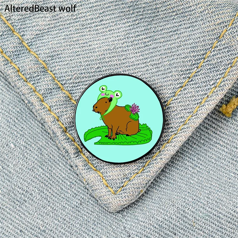 

Capybara Sitting On a Lily Pad Pin Custom Funny Brooches Shirt Lapel Bag Cute Badge Cartoon enamel pins for Lover Girl Friends