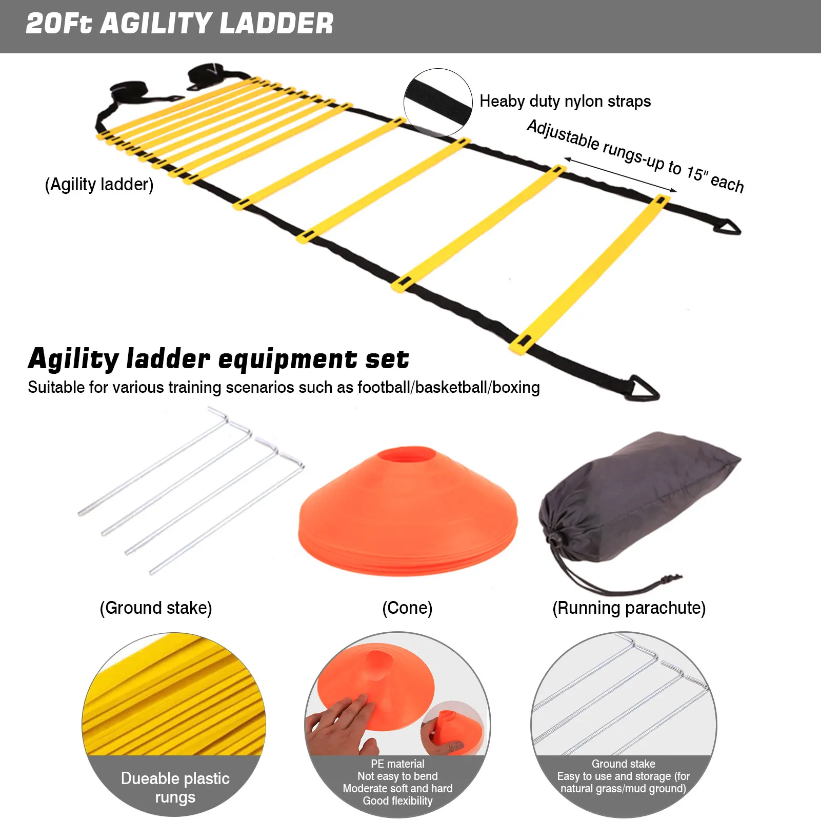 Agility Ladder Speed Training Equipment 12 Disc Cones 20ft Agility Ladder Training Equipment Set For Football Soccer Resistance
Agility Ladder Speed Training Equipment 12 Disc Cones 20ft Agility Ladder Training Equipment Set For Football Soccer Resistance