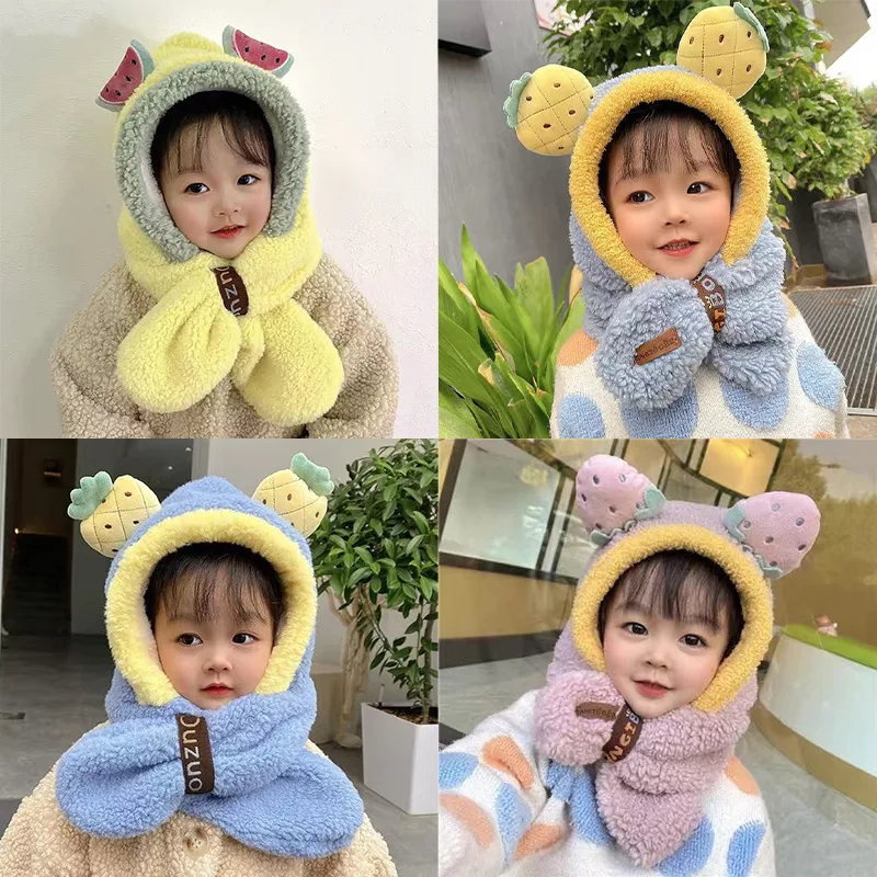 

Winter Hats For Kids Boys Girls One Piece Caps Scarf Cartoon Fruits Cute Hat Windproof Earflap Cap Baby Toddler Infant Warm Hat