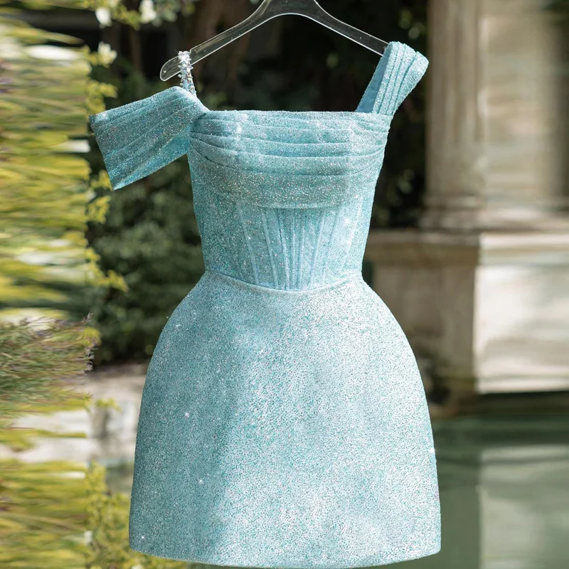 Glitter Aqua Square Collar Sequins Short Party Dress Sparkle Spaghetti Strap Sequined Homecoming Festival Girls Dresses Real Ima 
Glitter Aqua Square Collar Sequins Short Party Dress Sparkle Spaghetti Strap Sequined Homecoming Festival Girls Dresses Real Ima