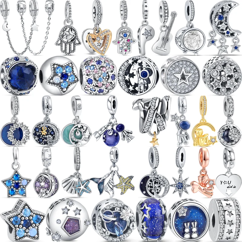 

925 Silver Shine Stars Series Blue Night Sky Moon Safety Chain DIY Beads Fit Original Pandora Charms Bracelet Women Jewelry Gift