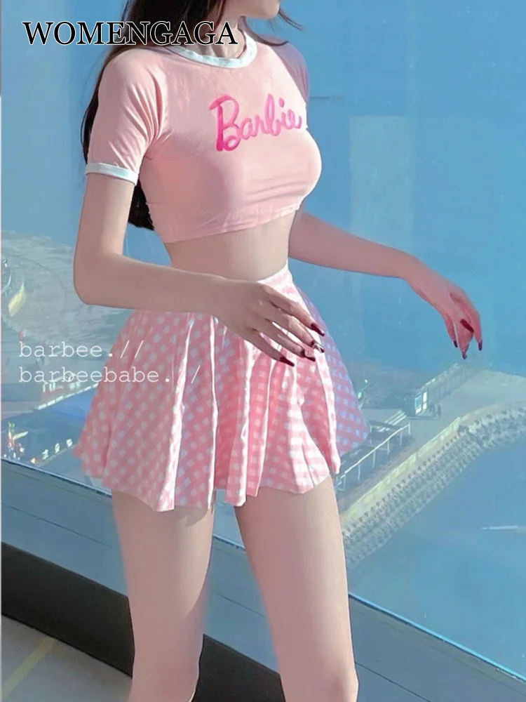 Женский комплект из трех предметов, розовая клетчатая юбка TVVOVVIN, футболка с надписью, плиссированная мини-юбка, трусики, 7QJ 
Женский комплект из трех предметов, розовая клетчатая юбка TVVOVVIN, футболка с надписью, плиссированная мини-юбка, трусики, 7QJ