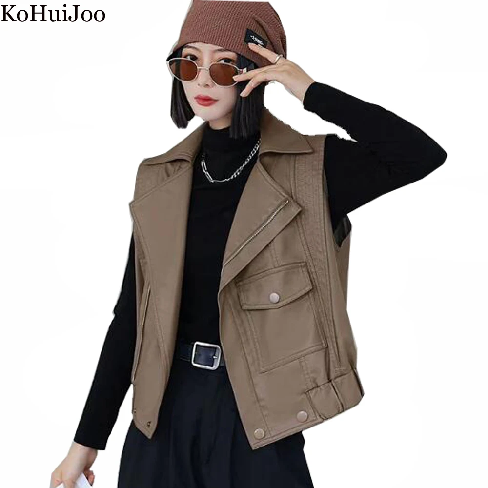 

KoHuiJoo Korean Short Leather Coat Women Sleeveless Waistcoat Top 2022 Autumn Turndown Collar PU Leather Casual Zippers Jacket