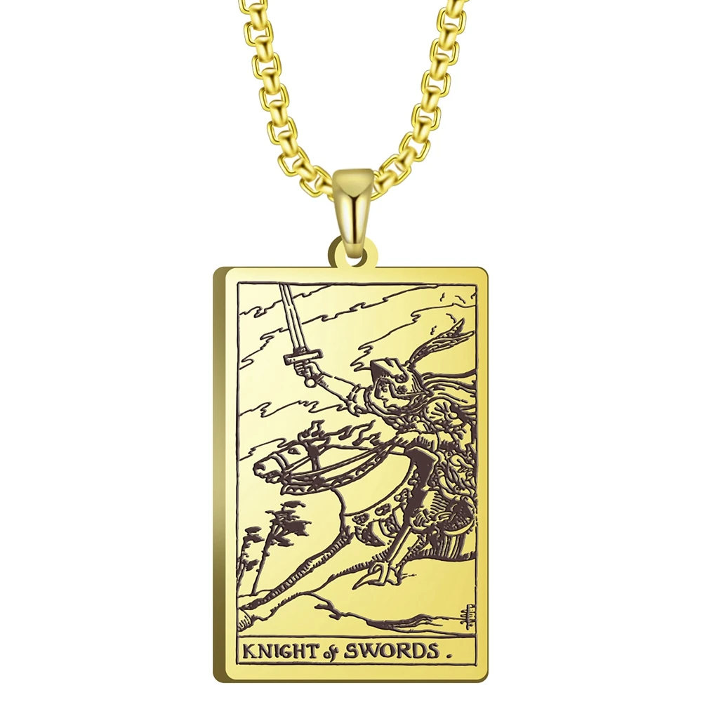 3 Colors Black Color Gold Color Steel Color 24x40mm Tarot Knight Of Swords Pendant Necklace With 60cm Box Chain
3 Colors Black Color Gold Color Steel Color 24x40mm Tarot Knight Of Swords Pendant Necklace With 60cm Box Chain