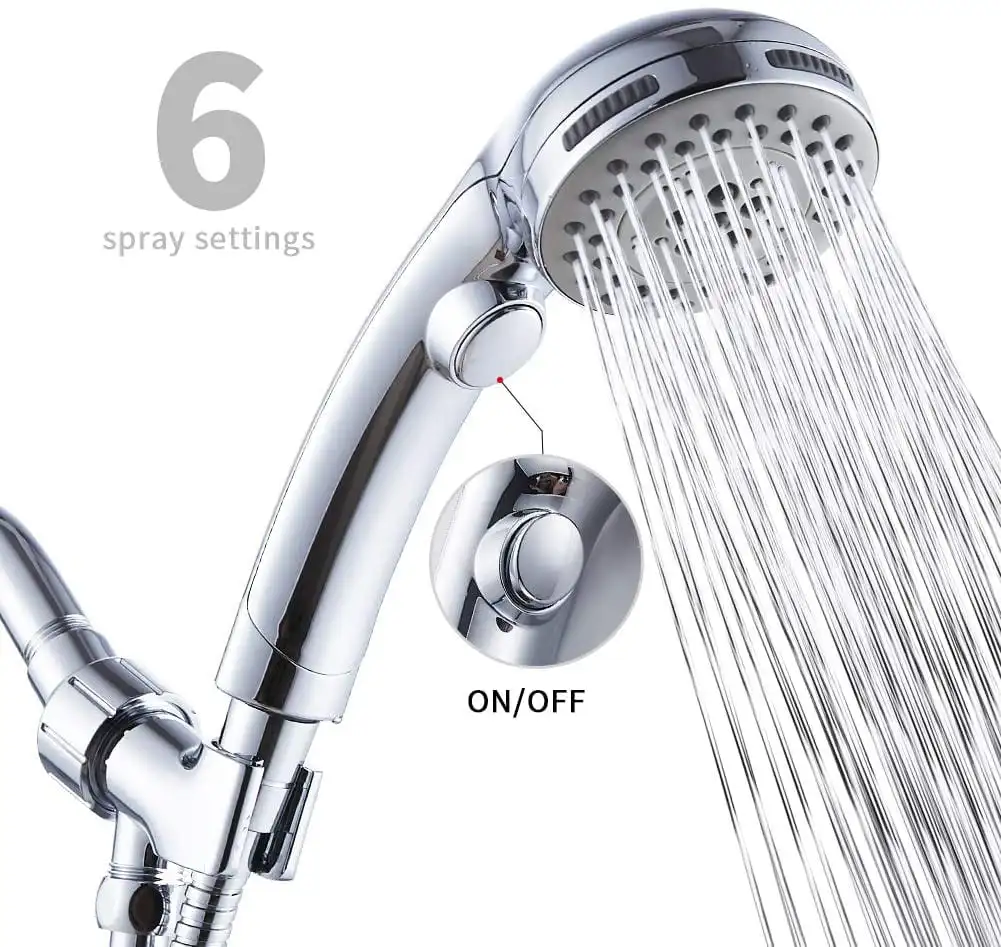 High Pressure 6 Setting Shower Head Hand-Held with ON/OFF Switch and Spa Spray Mode - with Hose - Chrome
High Pressure 6 Setting Shower Head Hand-Held with ON/OFF Switch and Spa Spray Mode - with Hose - Chrome