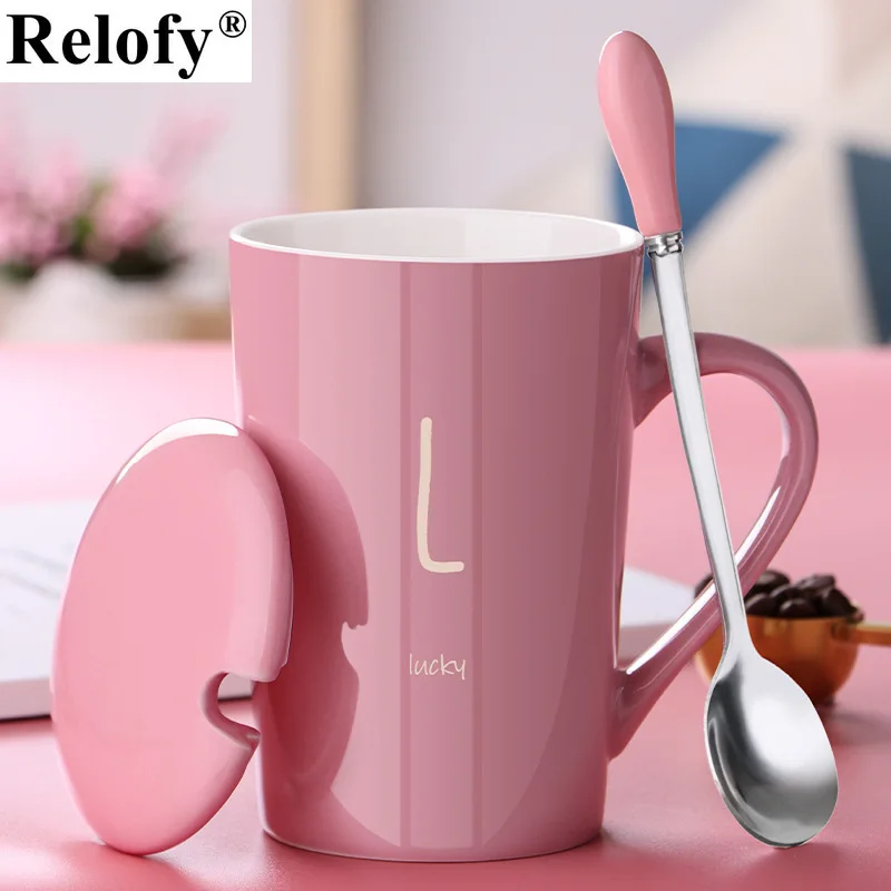 

420ml Ceramic Coffee Cups with Spoon and Lid Creative Lovers Coffee Mugs Family Breakfast Milk Juice Tea Porcelain Cup Drinkware