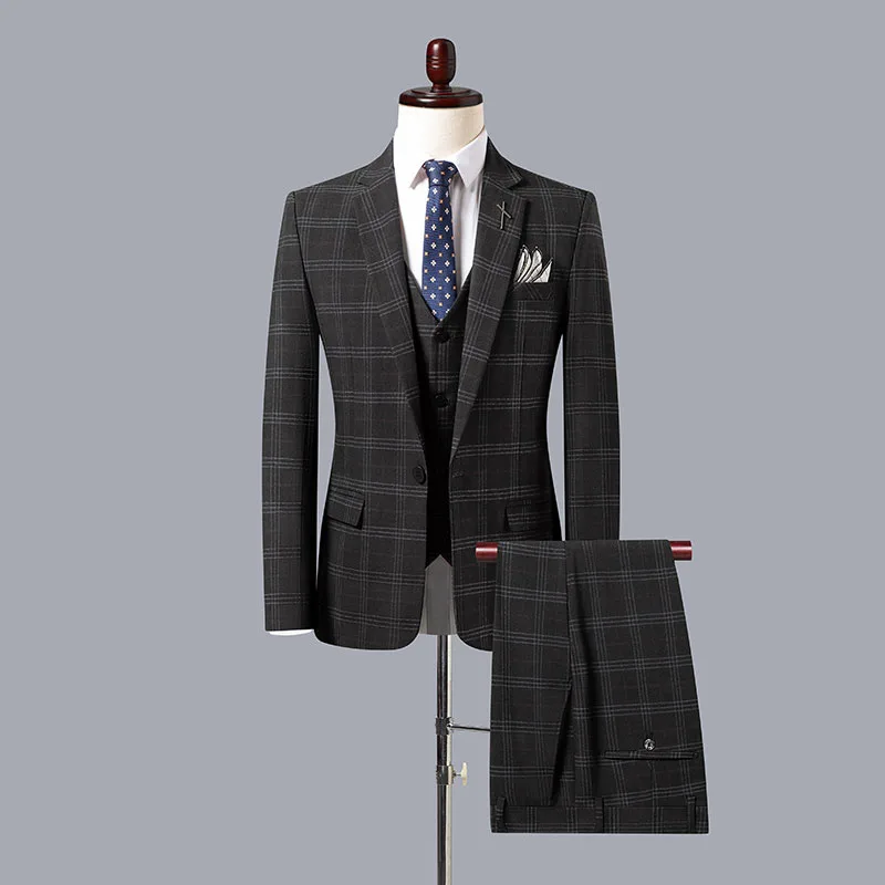 

Jacket+Vest+Pants Fashion Boutique Lattice Formal Business Mens Suit 3pces Set Groom Wedding Dress Plaid Suit Male Dropshipping
