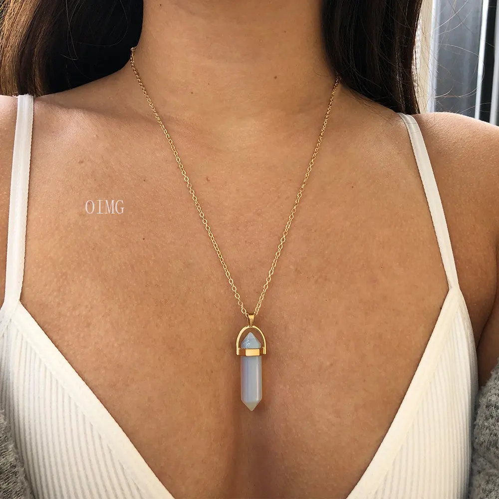 

Fashion Opal Stone Hexagonal Column Quartz Necklaces Natural Pink Crystal Pendant Necklace Statement Bohemian Jewelry for Women