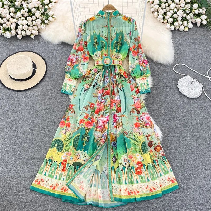 Elegant Vintage Print Women Long Dress With Sashes Autumn Stand Collar Single-breasted Three-quarter Sleeve Green Dress Vestidos 
Elegant Vintage Print Women Long Dress With Sashes Autumn Stand Collar Single-breasted Three-quarter Sleeve Green Dress Vestidos