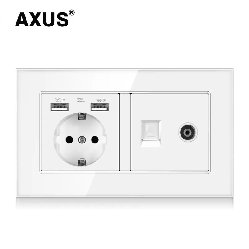 AXUS EU Standard Wall Socket Telephone TV Tempered Glass White RJ45 CAT6 Wall Socket Dual Computer Internet 146*86mm USB Socket
AXUS EU Standard Wall Socket Telephone TV Tempered Glass White RJ45 CAT6 Wall Socket Dual Computer Internet 146*86mm USB Socket