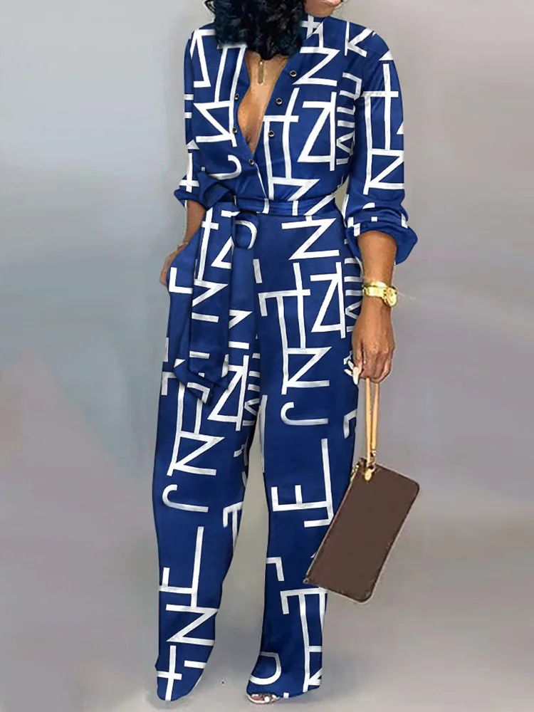 Letter Print Button Front Belted Jumpsuit Women Turn Down Collar Casual Rompers One Piece Outfits
Letter Print Button Front Belted Jumpsuit Women Turn Down Collar Casual Rompers One Piece Outfits