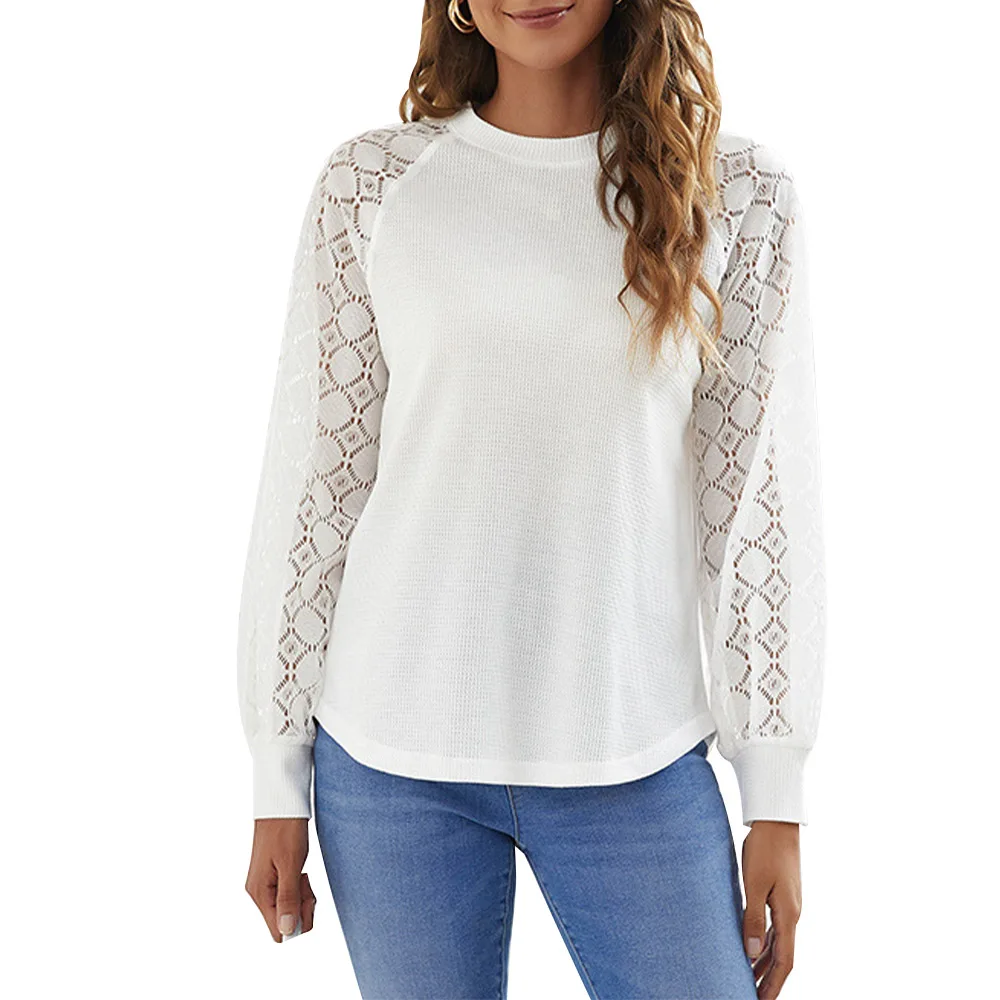 Women Sleeve Fashion Long Sleeve Tops Lace Patchwork Round Neck Pullover Elegant Solid Color T Shirt Female Ladies Casual Tees
Women Sleeve Fashion Long Sleeve Tops Lace Patchwork Round Neck Pullover Elegant Solid Color T Shirt Female Ladies Casual Tees