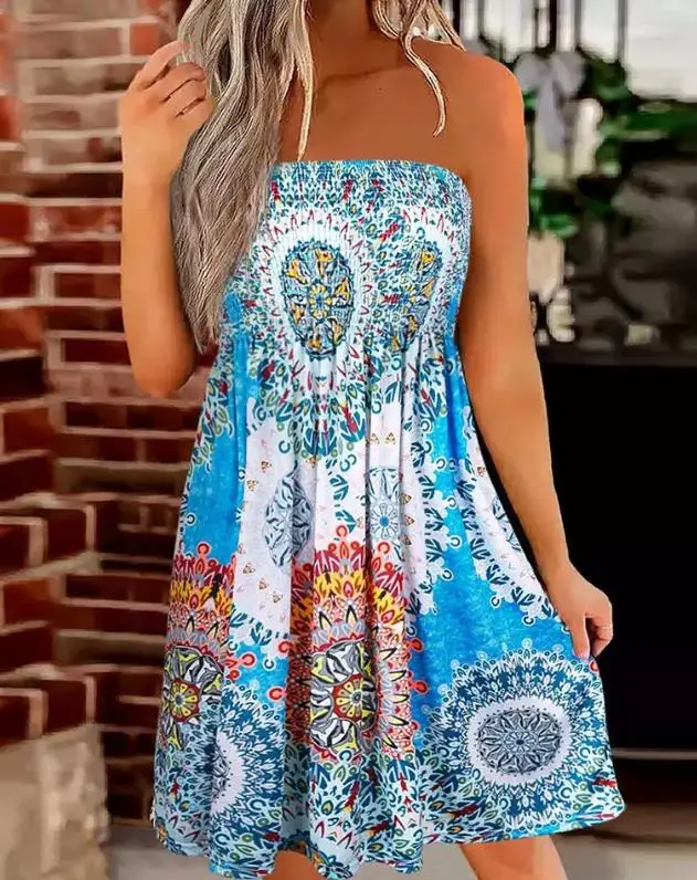 

Women Ruched Shirred Print Dresses Summer New Casual Daily Strapless Sleeveless Tribal Print Bandeau Mini Sweet A Line Dress