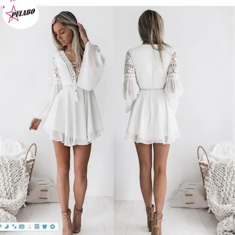 

Hollow Out White Dress Sexy Women Mini Chiffon Dress Criss Cross Semi-sheer Plunge V-Neck Long Sleeve Crochet Lace Dress Female