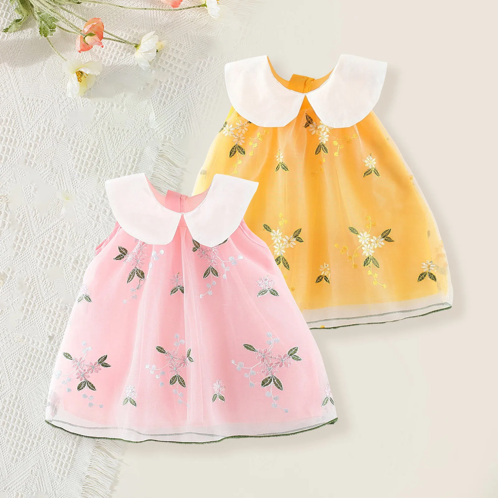 

Toddler Girls Embroidery Tulle Dress Summer Sleeveless Floral Sundress Kids Party Ball Pageant Princess Dresses Children Clothes