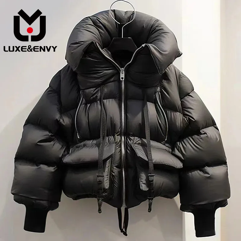 

LUXE&ENVY Warm Bread Jacket Top Niche Winter New Stand Collar Street Cool Girl Black Short Down Jacket Female 2023 Autumn