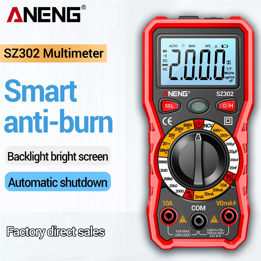 ANENG SZ302 Digital Multimeter AC/DC Votage Current Automatic Tester NCV Detector Resistance Ohm Ammeter Capacitance Meter
ANENG SZ302 Digital Multimeter AC/DC Votage Current Automatic Tester NCV Detector Resistance Ohm Ammeter Capacitance Meter