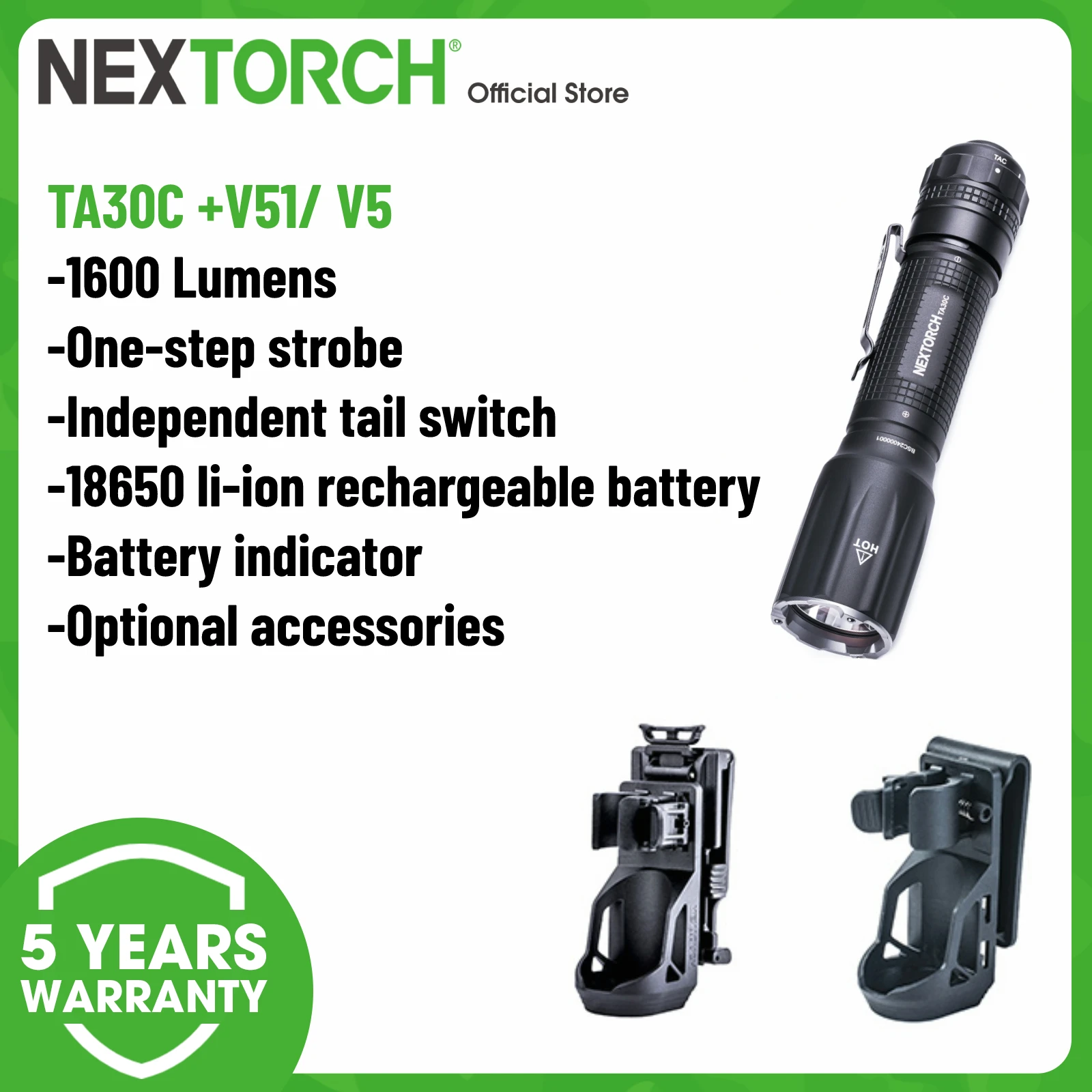 Nextorch TA30C Flashlight with Flashlight Case V51/ V5, 1600 Lumens Typec Rechargeable IPX8 Waterproof Tactical Duty Torch Light
Nextorch TA30C Flashlight with Flashlight Case V51/ V5, 1600 Lumens Typec Rechargeable IPX8 Waterproof Tactical Duty Torch Light