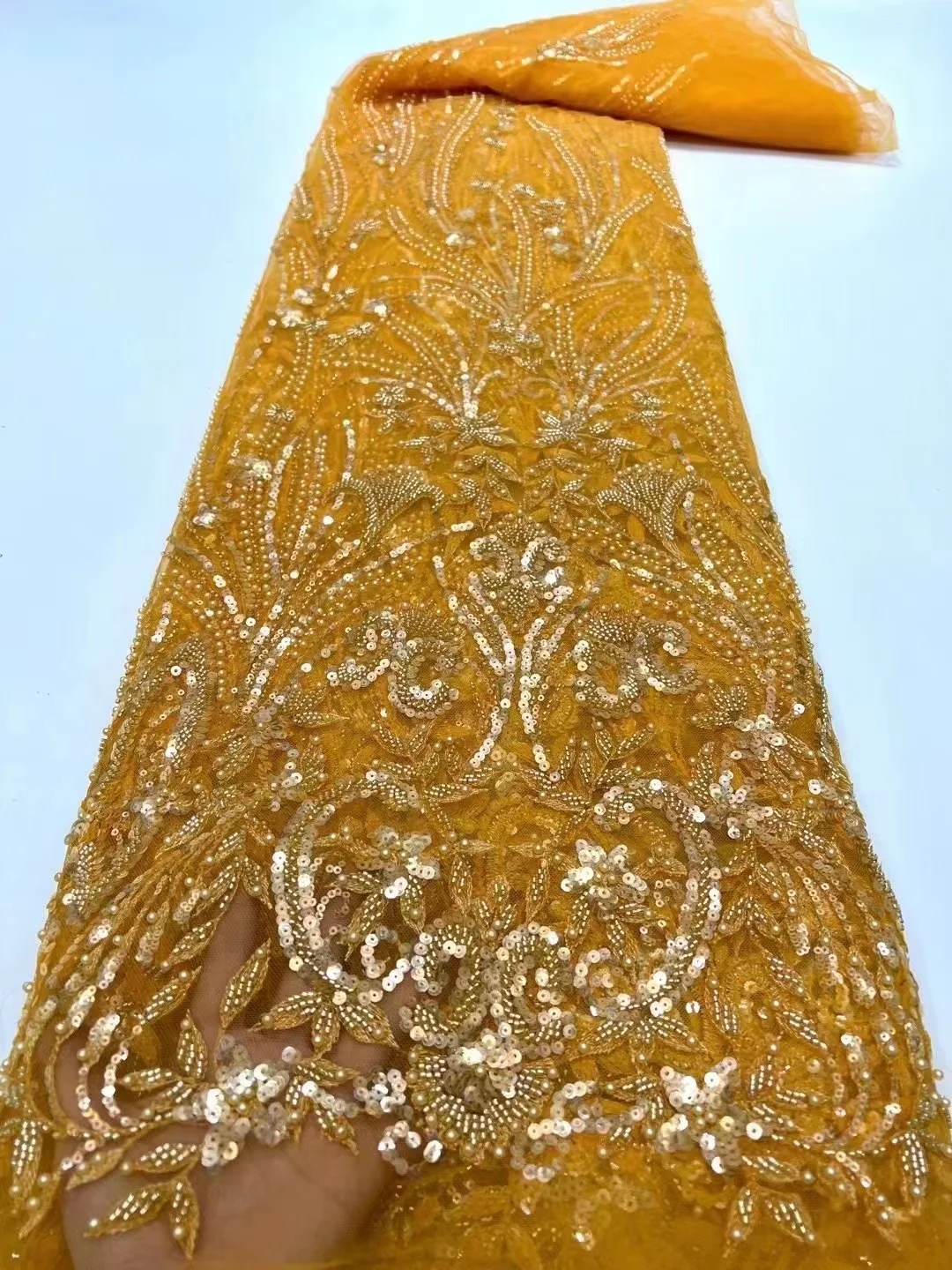 2022 (5yards/pc) High quality African wedding lace fabric with sequins and tube beads embroidery sky blue French net lace
2022 (5yards/pc) High quality African wedding lace fabric with sequins and tube beads embroidery sky blue French net lace