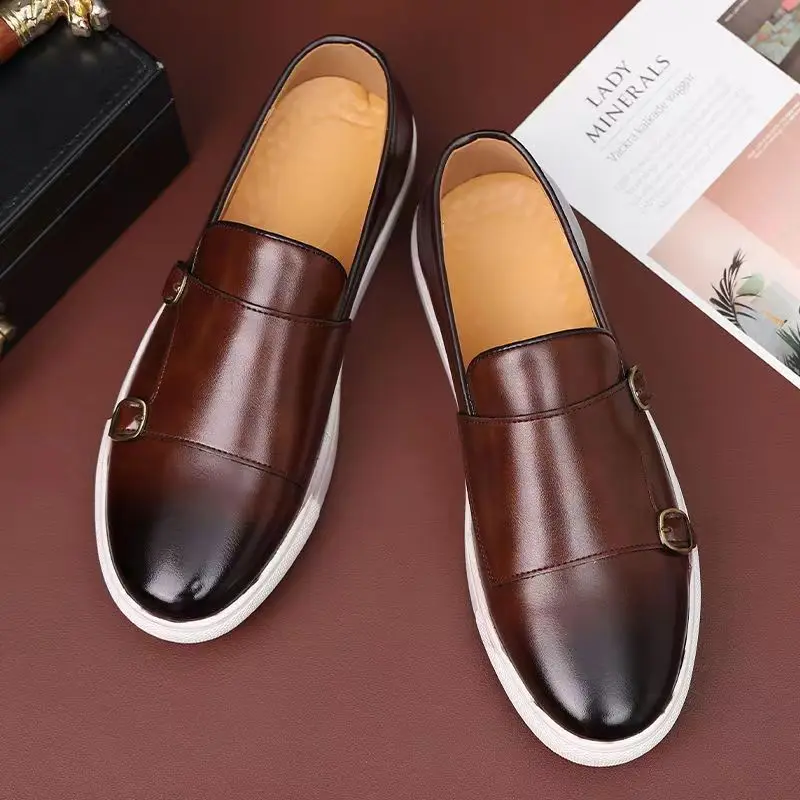 

Brown Men's Vulcanize Shoes Double Buckle Monk Shoes Slip-On Pu Handmade Casual Mens Shoes Size 38-45
