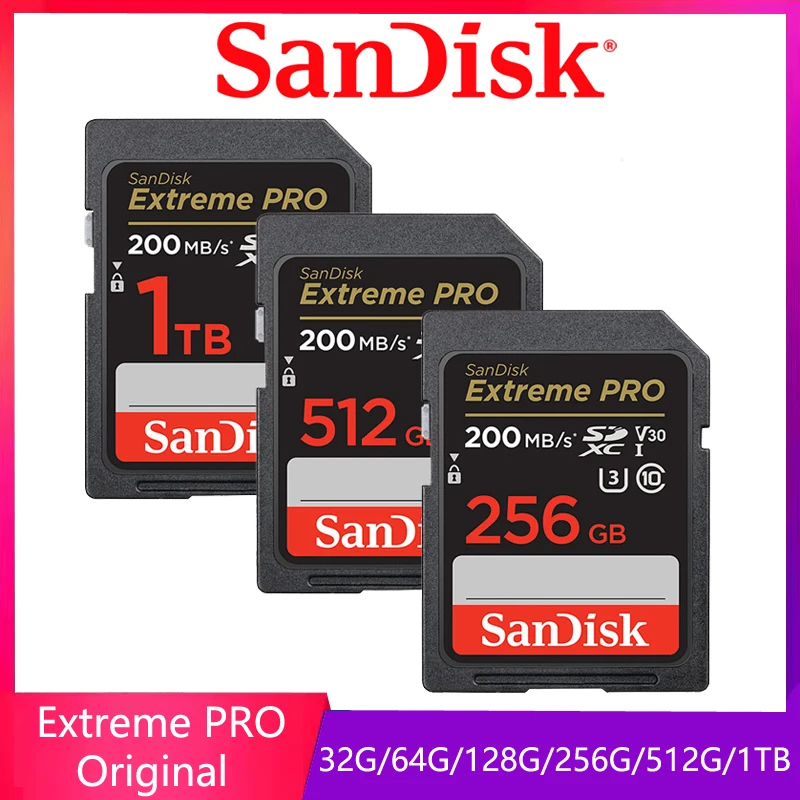 

SanDisk original Extreme PRO SD Card 32 64G 128G 256G 512G 1TB SDHC SDXC UHS-I C10 100MB/s-200MB/s U3 Memory Card Support V30 4K