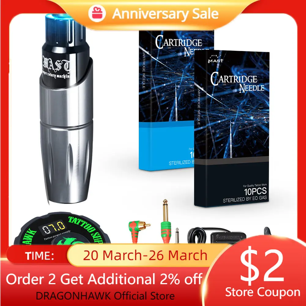 Набор для тату-машинки Dragonhawk, профессиональный набор для начинающих, вращающаяся машинка с электродвигателем, Силовые Иглы