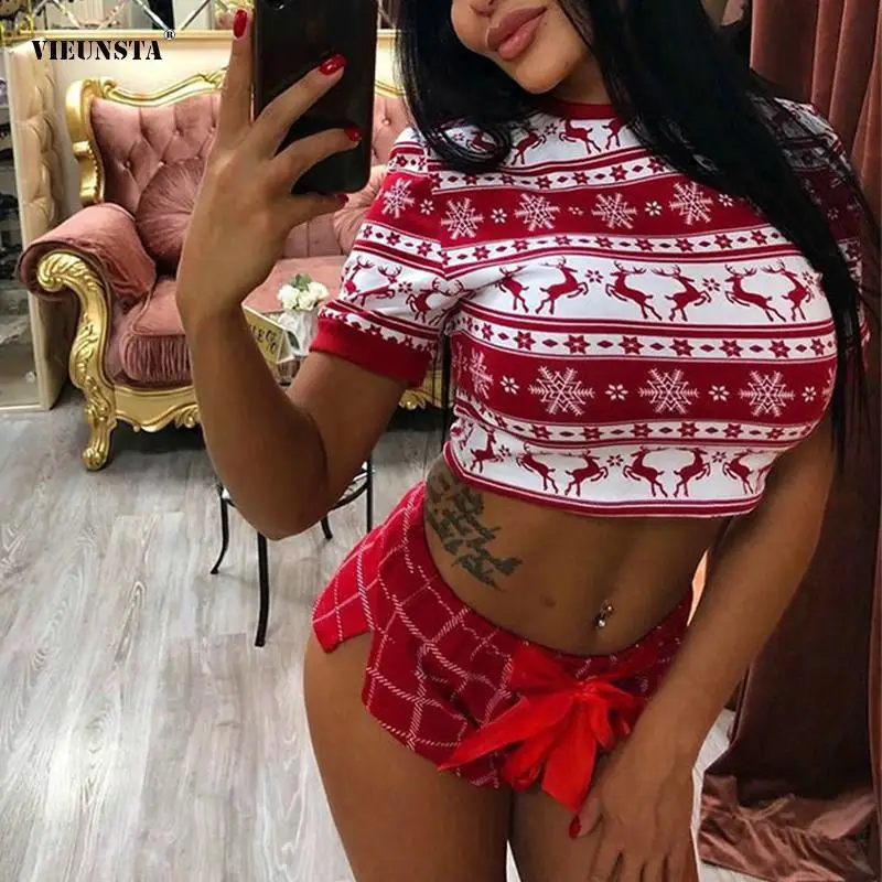 Casual Christmas Print Women Pajamas 2pc Set Sexy O-Neck T-Shirts Crop Tops + Lace-Up Bow Plaid Shorts Summer Short Sleeve Suits
Casual Christmas Print Women Pajamas 2pc Set Sexy O-Neck T-Shirts Crop Tops + Lace-Up Bow Plaid Shorts Summer Short Sleeve Suits