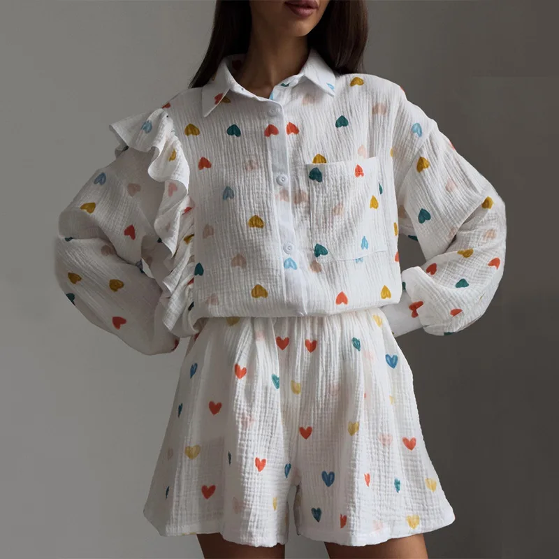Women's 2023 Autumn New Ruffle Edge Long Sleeve Single breasted Cardigan Coat Printed Shirt Wide Leg Shorts Casual Set
Women's 2023 Autumn New Ruffle Edge Long Sleeve Single breasted Cardigan Coat Printed Shirt Wide Leg Shorts Casual Set