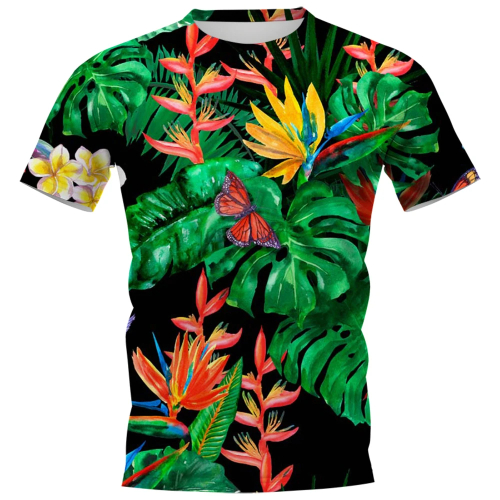 

Hawaiian Polynesian men's T-shirt, artistic clothing printed with tropical plant Monstra leaves, Harajuku beach O-neck men's clo